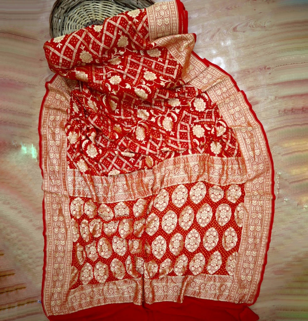 Zynah Khaddi Georgette Saree with Bandhani Prints, Antique Zari Weave; Custom Stitched/Ready-made Blouse, Fall, Petticoat; Shipping available USA, Worldwide