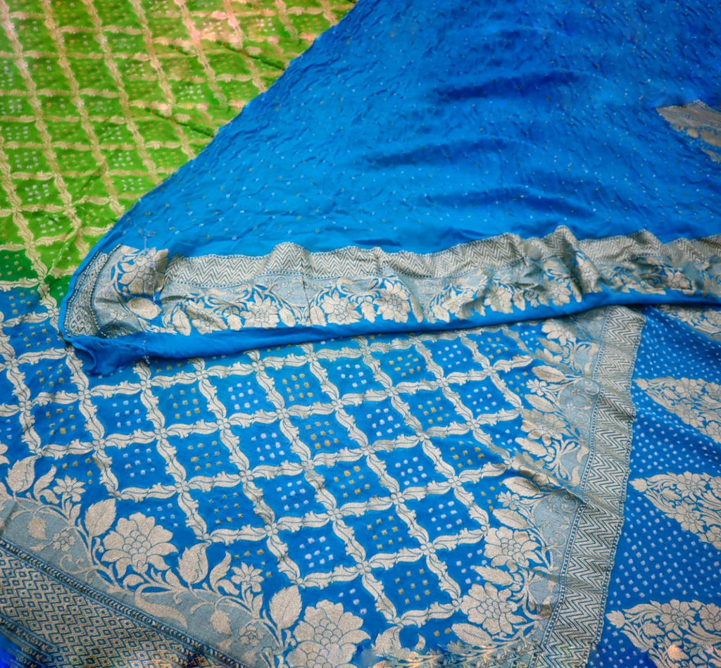Zynah Khaddi Georgette Saree with Bandhani Prints, Antique Zari Weave; Custom Stitched/Ready-made Blouse, Fall, Petticoat; Shipping available USA, Worldwide