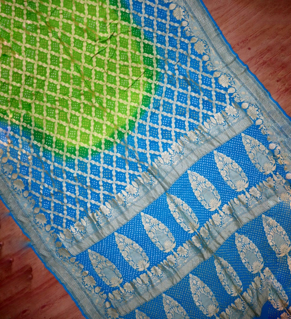 Zynah Khaddi Georgette Saree with Bandhani Prints, Antique Zari Weave; Custom Stitched/Ready-made Blouse, Fall, Petticoat; Shipping available USA, Worldwide
