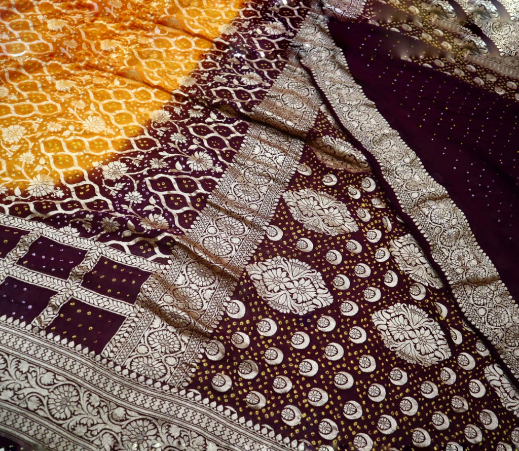 Zynah Khaddi Georgette Saree with Bandhani Prints, Antique Zari Weave; Custom Stitched/Ready-made Blouse, Fall, Petticoat; Shipping available USA, Worldwide