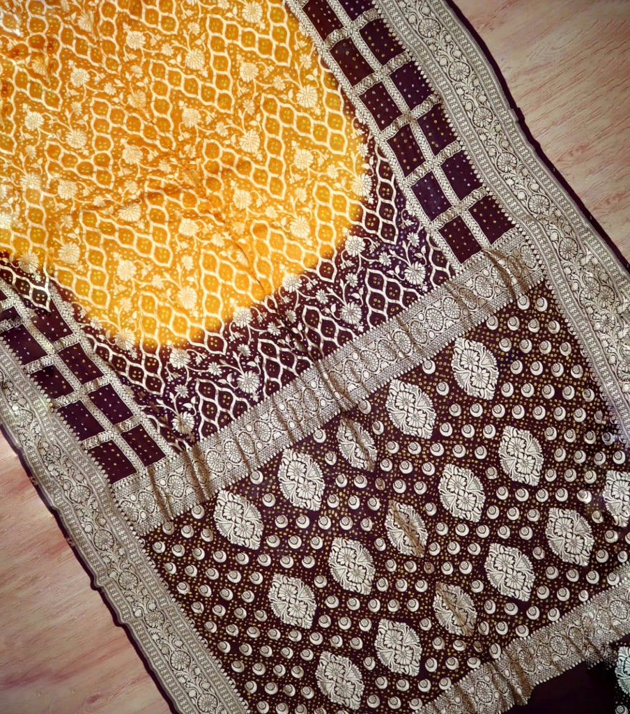 Zynah Khaddi Georgette Saree with Bandhani Prints, Antique Zari Weave; Custom Stitched/Ready-made Blouse, Fall, Petticoat; Shipping available USA, Worldwide