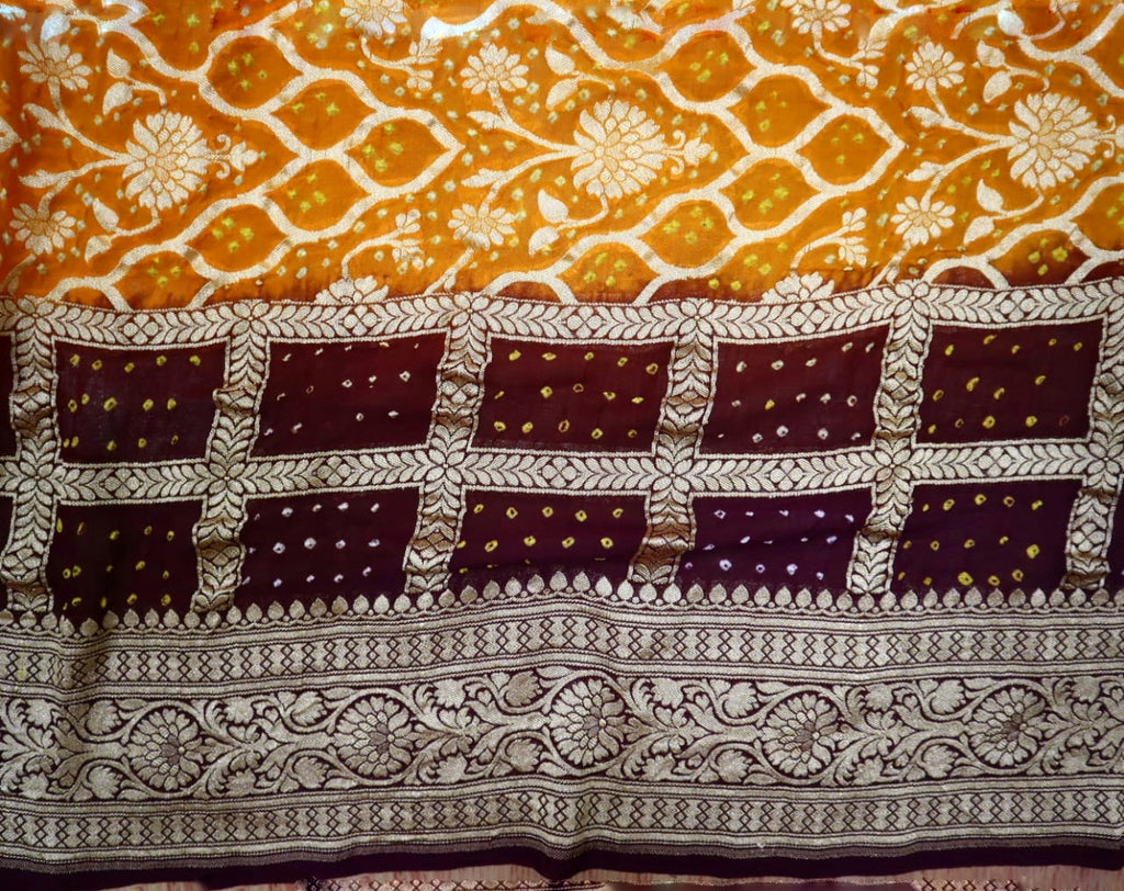 Zynah Khaddi Georgette Saree with Bandhani Prints, Antique Zari Weave; Custom Stitched/Ready-made Blouse, Fall, Petticoat; Shipping available USA, Worldwide