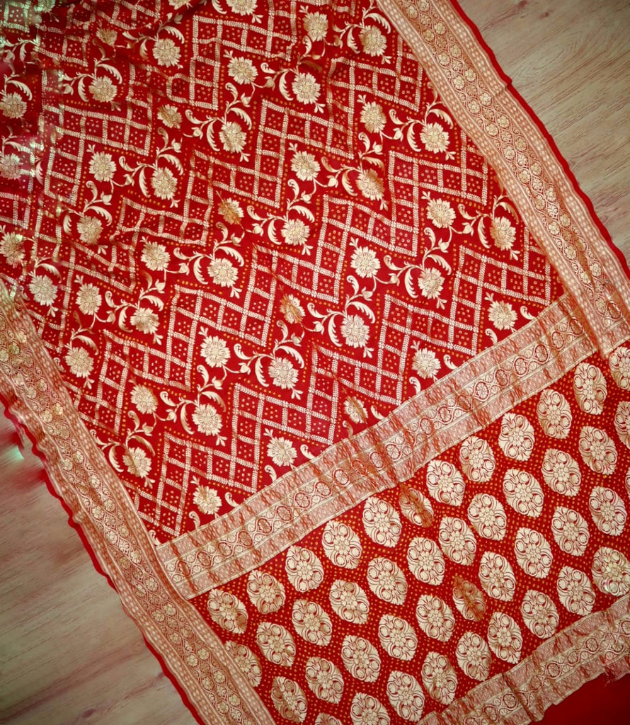 Zynah Khaddi Georgette Saree with Bandhani Prints, Antique Zari Weave; Custom Stitched/Ready-made Blouse, Fall, Petticoat; Shipping available USA, Worldwide