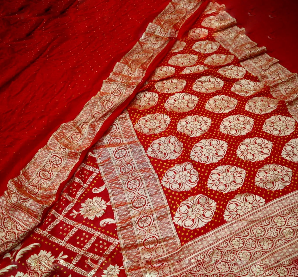 Zynah Khaddi Georgette Saree with Bandhani Prints, Antique Zari Weave; Custom Stitched/Ready-made Blouse, Fall, Petticoat; Shipping available USA, Worldwide