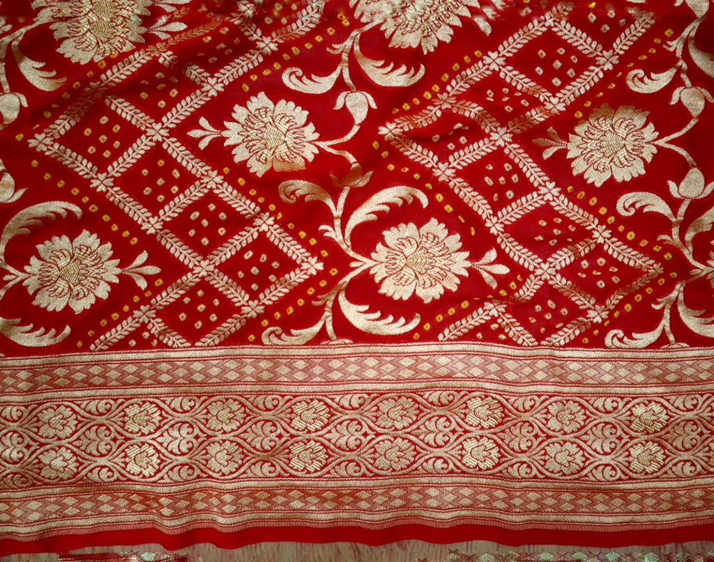 Zynah Khaddi Georgette Saree with Bandhani Prints, Antique Zari Weave; Custom Stitched/Ready-made Blouse, Fall, Petticoat; Shipping available USA, Worldwide