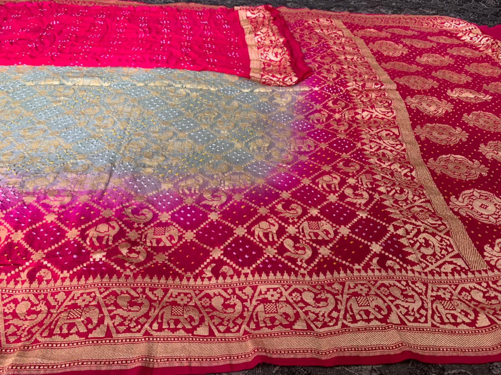 Zynah Khaddi Georgette Saree wiih Bandhani prints, Pure Zari Weave; Custom Stitched/Ready-made Blouse, Fall, Petticoat; Shipping available USA, Worldwide