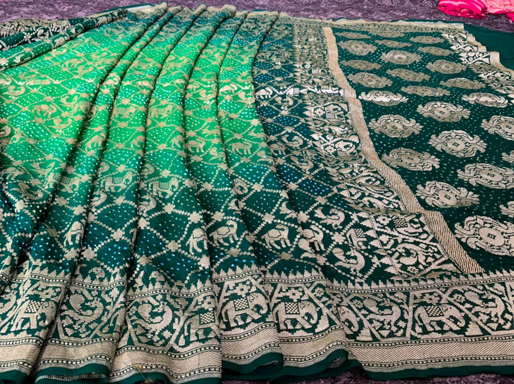 Zynah Khaddi Georgette Saree wiih Bandhani prints, Pure Zari Weave; Custom Stitched/Ready-made Blouse, Fall, Petticoat; Shipping available USA, Worldwide