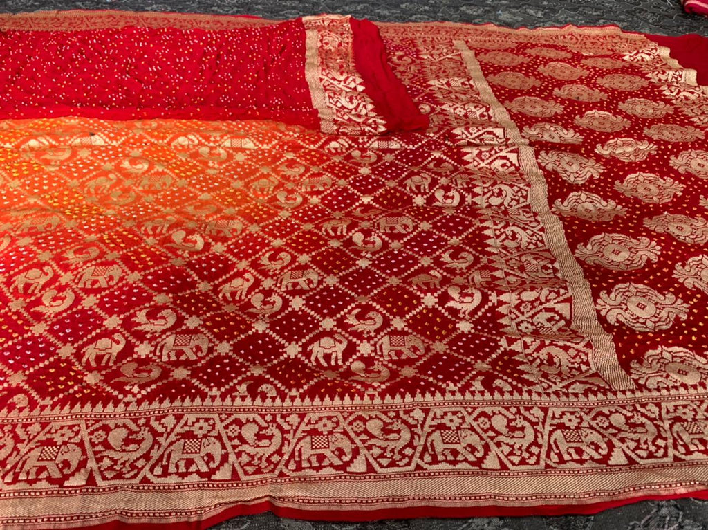 Zynah Khaddi Georgette Saree wiih Bandhani prints, Pure Zari Weave; Custom Stitched/Ready-made Blouse, Fall, Petticoat; Shipping available USA, Worldwide