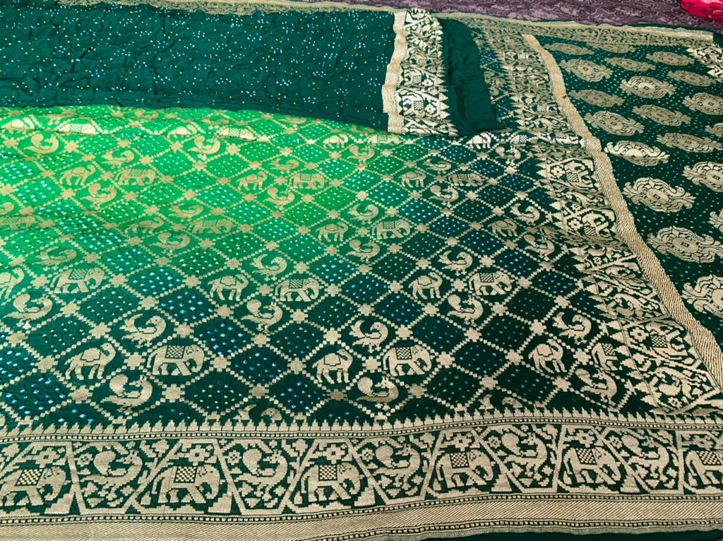 Zynah Khaddi Georgette Saree wiih Bandhani prints, Pure Zari Weave; Custom Stitched/Ready-made Blouse, Fall, Petticoat; Shipping available USA, Worldwide