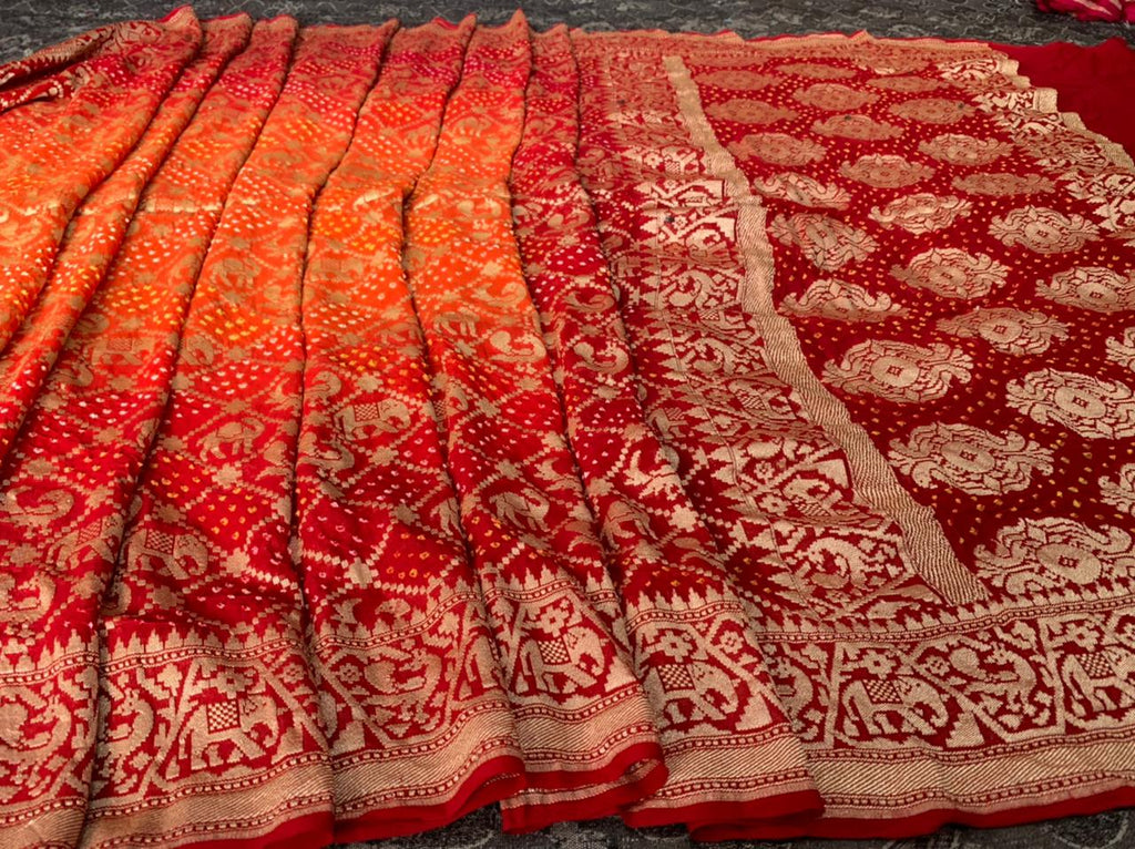 Zynah Khaddi Georgette Saree wiih Bandhani prints, Pure Zari Weave; Custom Stitched/Ready-made Blouse, Fall, Petticoat; Shipping available USA, Worldwide