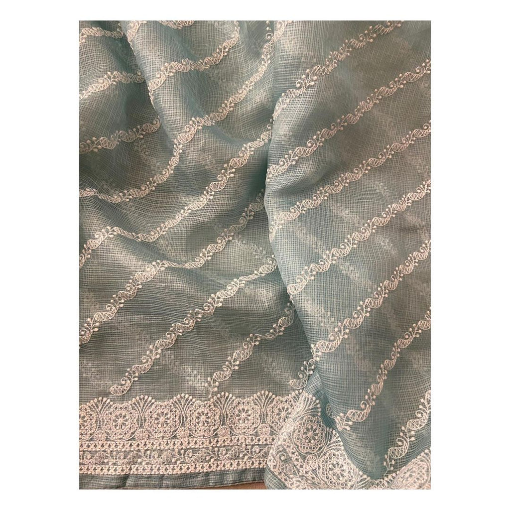 Zynah Pure Tussar Kota Silk Lehriya Style Saree with Chikankari Embroidery; Custom Stitched/Ready-made Blouse, Fall, Petticoat; Shipping available USA, Worldwide