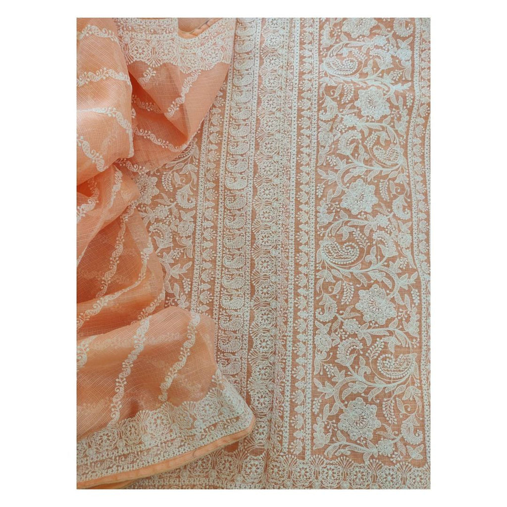 Zynah Pure Tussar Kota Silk Lehriya Style Saree with Chikankari Embroidery; Custom Stitched/Ready-made Blouse, Fall, Petticoat; Shipping available USA, Worldwide