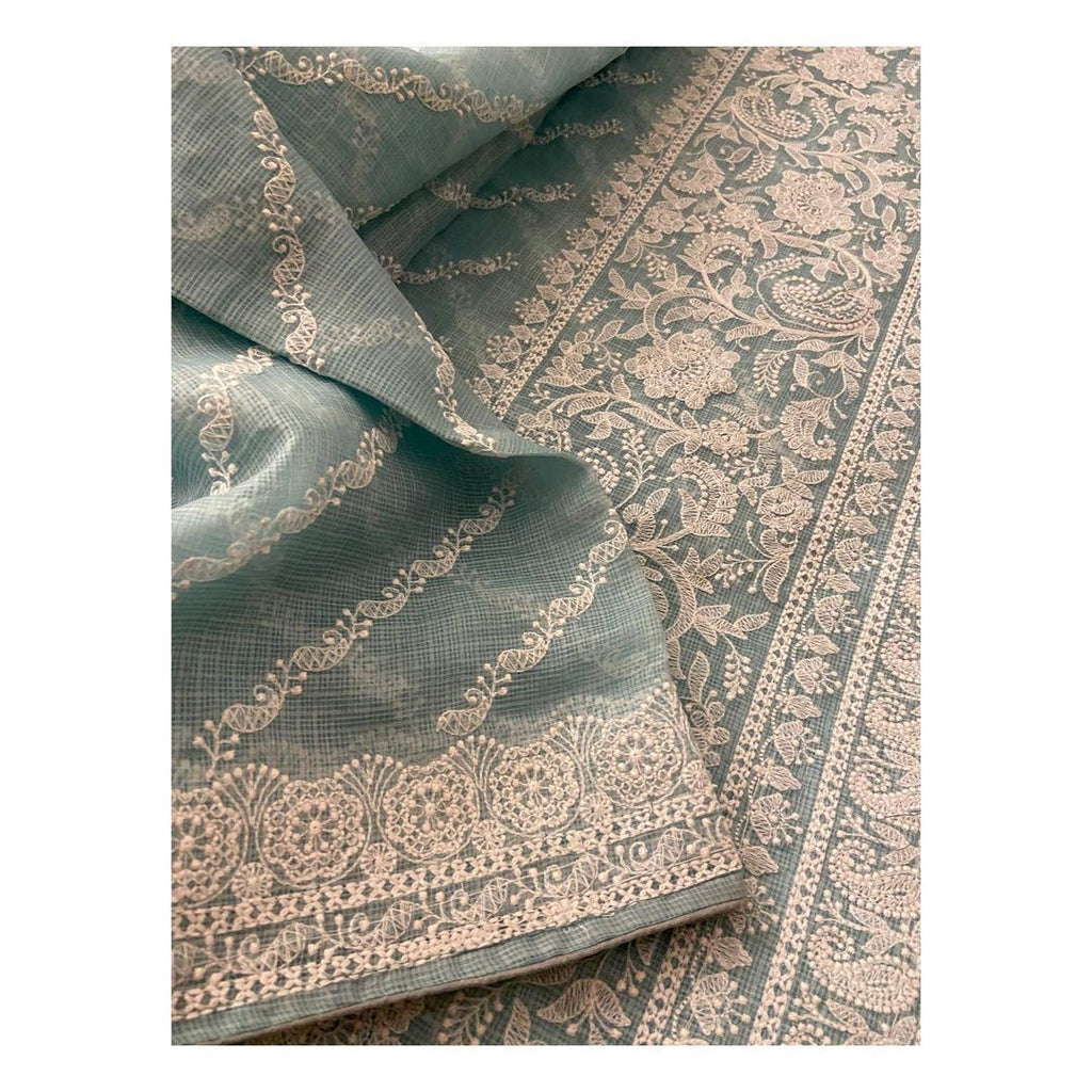 Zynah Pure Tussar Kota Silk Lehriya Style Saree with Chikankari Embroidery; Custom Stitched/Ready-made Blouse, Fall, Petticoat; Shipping available USA, Worldwide