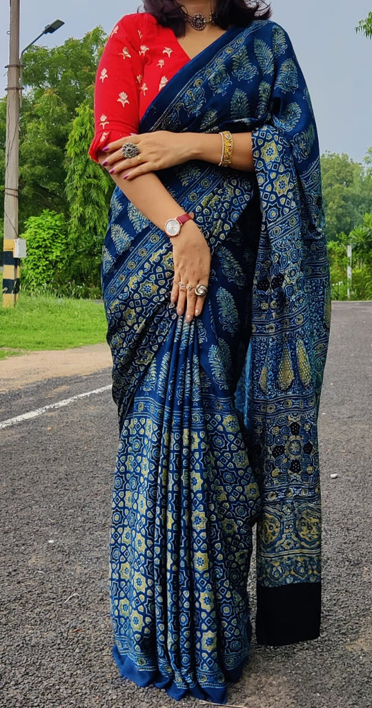 Zynah Pure Modal Silk Ajrakh Saree with Handblock Prints; Custom Stitched/Ready-made Blouse, Fall, Petticoat; Shipping available USA, Worldwide