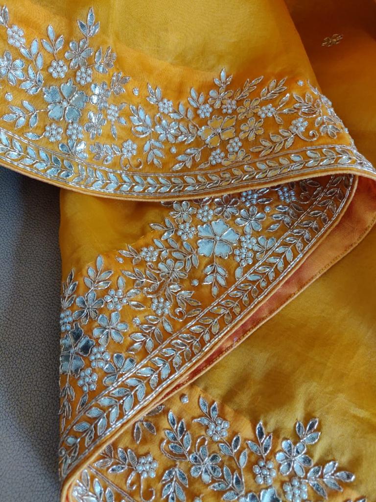 Zynah Organza saree with Gotapatti, Zardosi, Sequence & Cut-work Embroidery; Custom Stitched/Ready-made Blouse, Fall, Petticoat; Shipping available USA, Worldwide