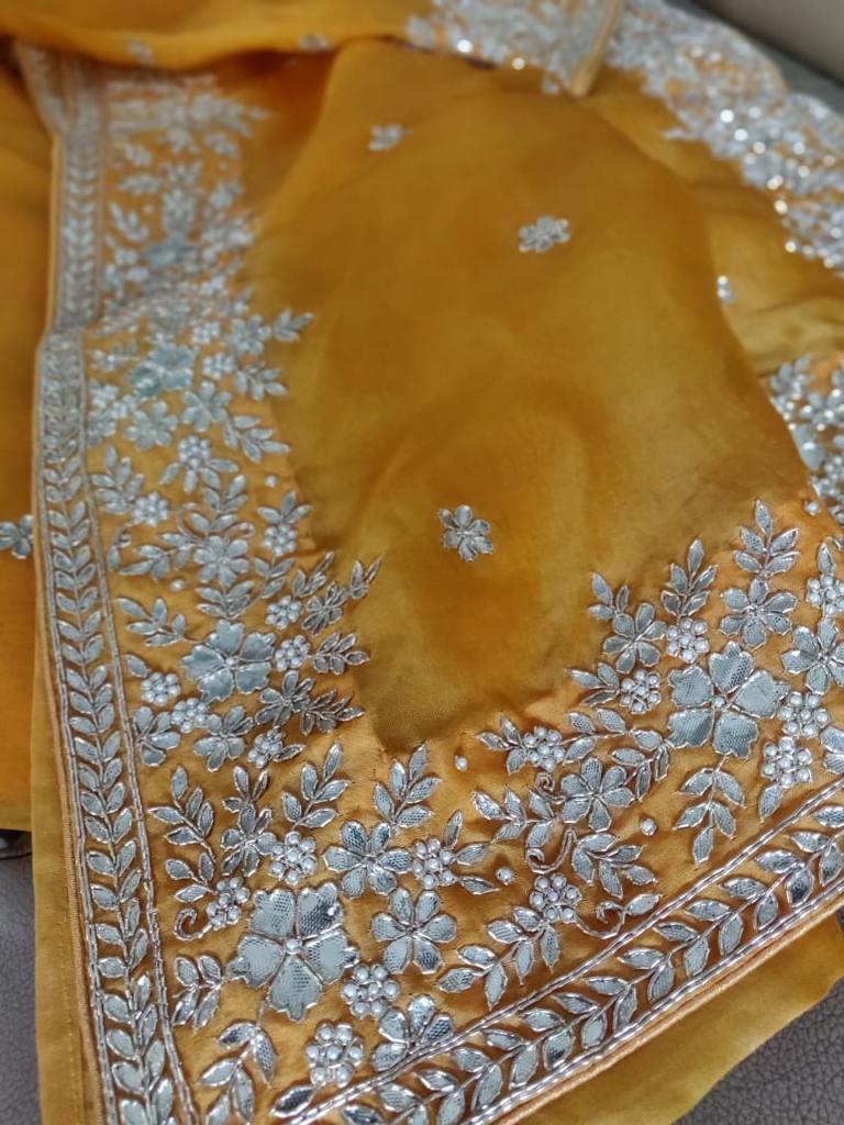 Zynah Organza saree with Gotapatti, Zardosi, Sequence & Cut-work Embroidery; Custom Stitched/Ready-made Blouse, Fall, Petticoat; Shipping available USA, Worldwide