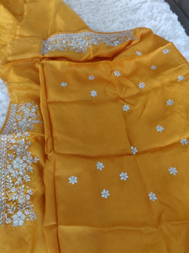 Zynah Organza saree with Gotapatti, Zardosi, Sequence & Cut-work Embroidery; Custom Stitched/Ready-made Blouse, Fall, Petticoat; Shipping available USA, Worldwide