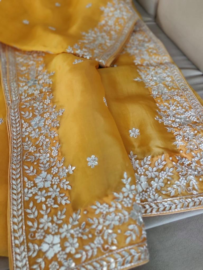 Zynah Organza saree with Gotapatti, Zardosi, Sequence & Cut-work Embroidery; Custom Stitched/Ready-made Blouse, Fall, Petticoat; Shipping available USA, Worldwide