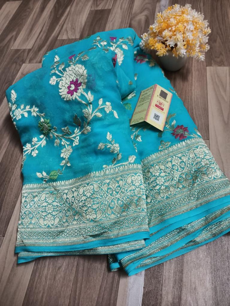 Zynah Pure Khaddi Georgette Banarasi Saree with Golden Zari & Meenakari Weave Motifs; Custom Stitched/Ready-made Blouse, Fall, Petticoat; Shipping available USA, Worldwide