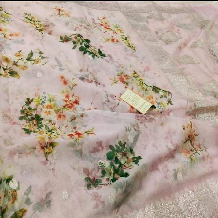 Zynah Pure Khaddi Chiffon Saree with Floral Prints & Silver Zari Weave; Custom Stitched/Ready-made Blouse, Fall, Petticoat; Shipping available USA, Worldwide