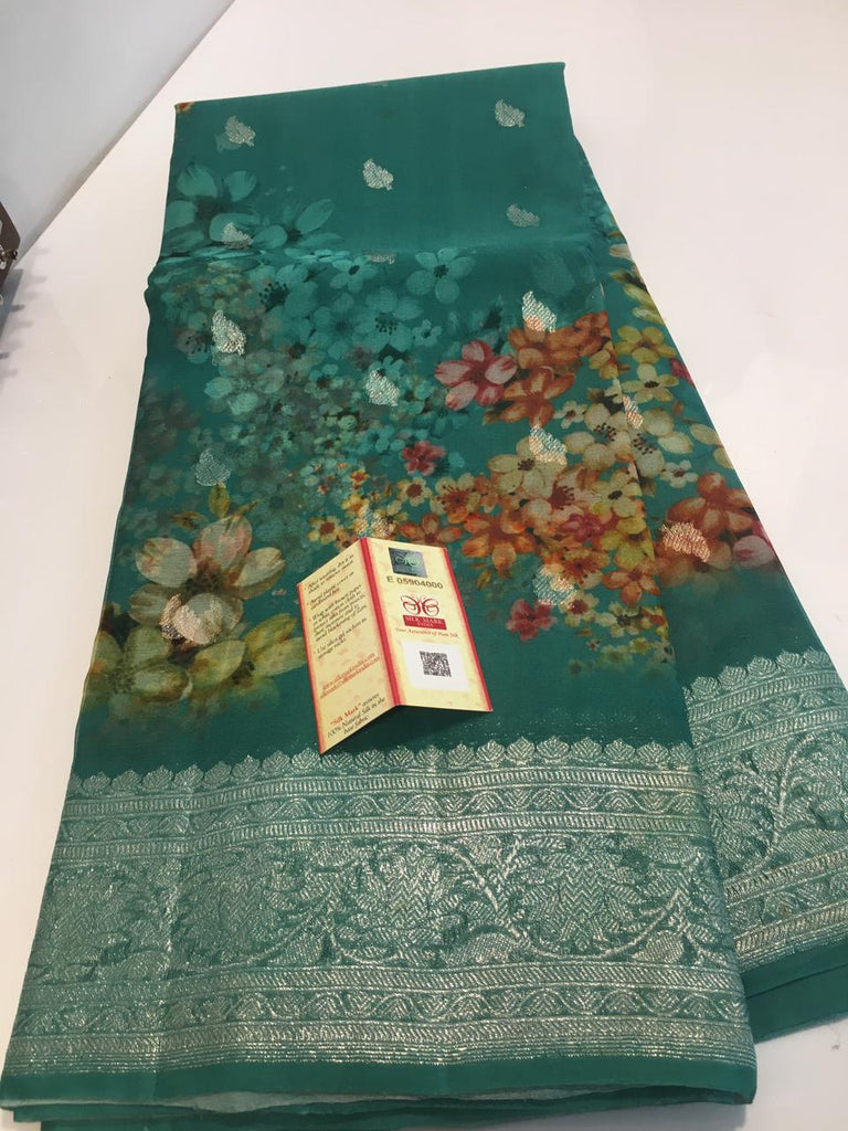 Zynah Pure Khaddi Chiffon Saree with Floral Prints & Silver Zari Weave; Custom Stitched/Ready-made Blouse, Fall, Petticoat; Shipping available USA, Worldwide
