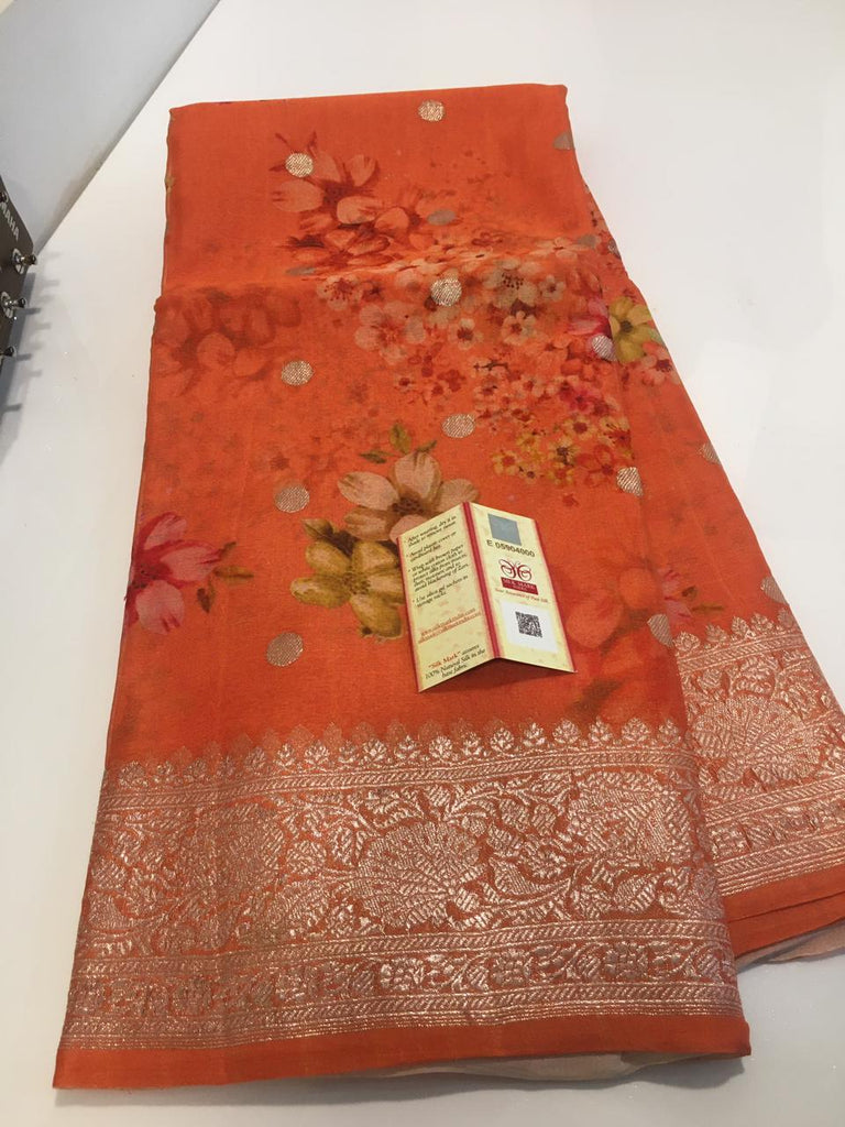 Zynah Pure Khaddi Chiffon Saree with Floral Prints & Silver Zari Weave; Custom Stitched/Ready-made Blouse, Fall, Petticoat; Shipping available USA, Worldwide