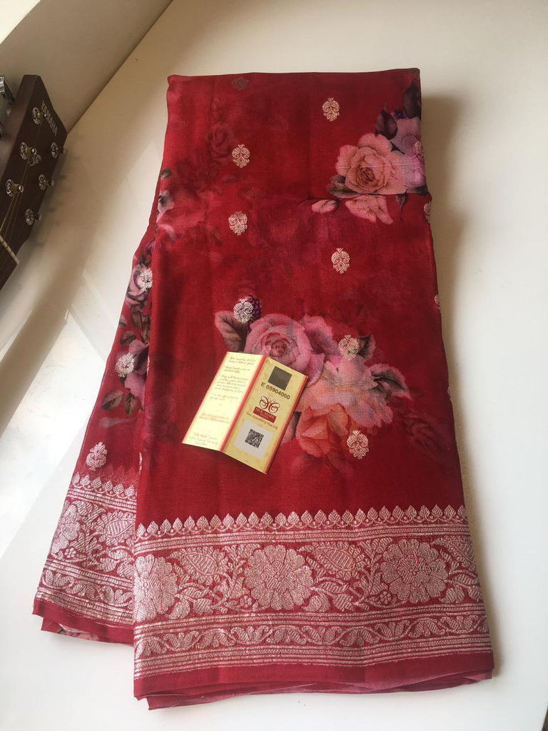 Zynah Pure Khaddi Chiffon Saree with Floral Prints & Silver Zari Weave; Custom Stitched/Ready-made Blouse, Fall, Petticoat; Shipping available USA, Worldwide