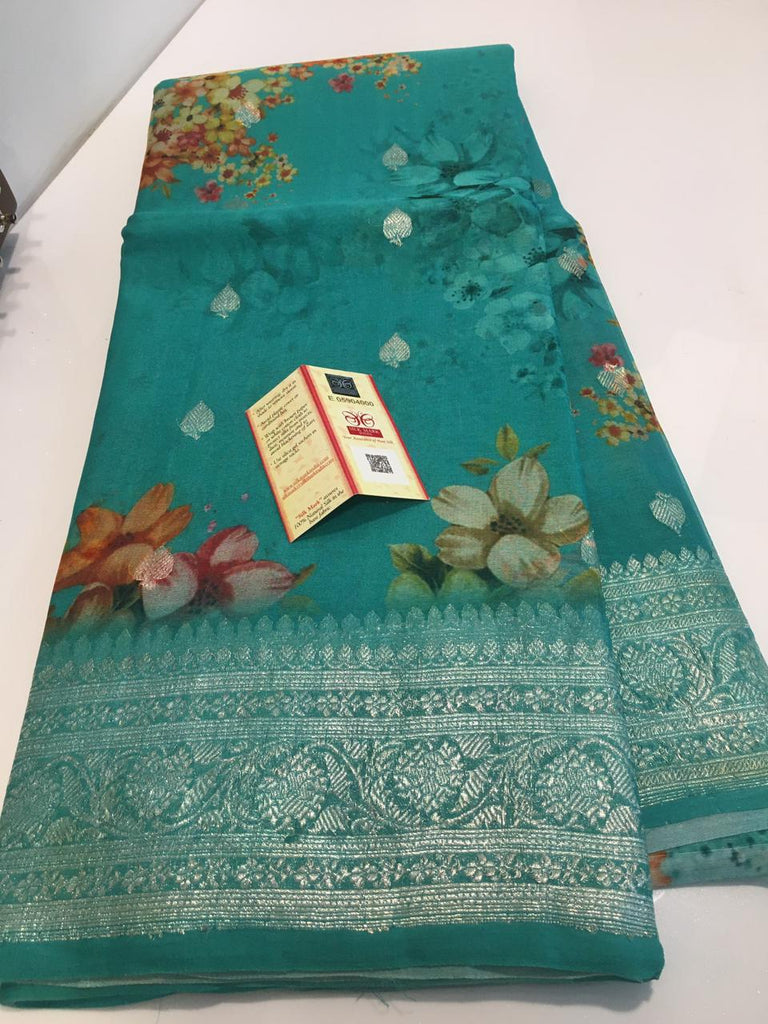 Zynah Pure Khaddi Chiffon Saree with Floral Prints & Silver Zari Weave; Custom Stitched/Ready-made Blouse, Fall, Petticoat; Shipping available USA, Worldwide