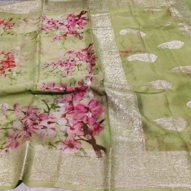 Zynah Pure Khaddi Chiffon Saree with Floral Prints & Silver Zari Weave; Custom Stitched/Ready-made Blouse, Fall, Petticoat; Shipping available USA, Worldwide