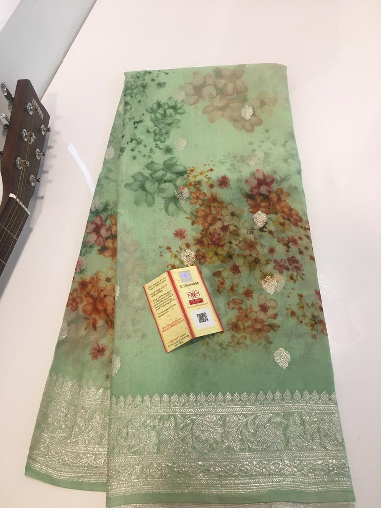 Zynah Pure Khaddi Chiffon Saree with Floral Prints & Silver Zari Weave; Custom Stitched/Ready-made Blouse, Fall, Petticoat; Shipping available USA, Worldwide