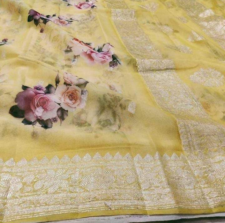 Zynah Pure Khaddi Chiffon Saree with Floral Prints & Silver Zari Weave; Custom Stitched/Ready-made Blouse, Fall, Petticoat; Shipping available USA, Worldwide