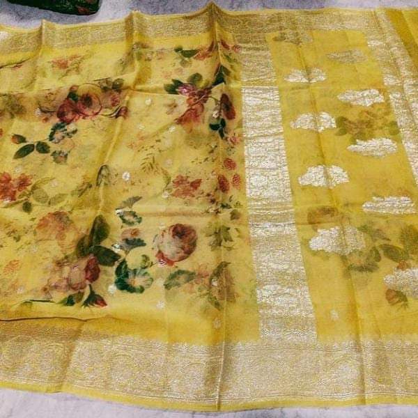 Zynah Pure Khaddi Chiffon Saree with Floral Prints & Silver Zari Weave; Custom Stitched/Ready-made Blouse, Fall, Petticoat; Shipping available USA, Worldwide