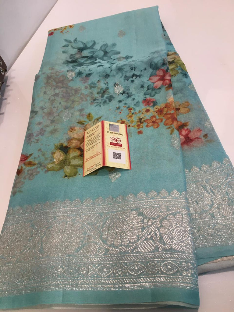 Zynah Pure Khaddi Chiffon Saree with Floral Prints & Silver Zari Weave; Custom Stitched/Ready-made Blouse, Fall, Petticoat; Shipping available USA, Worldwide