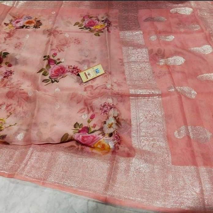 Zynah Pure Khaddi Chiffon Saree with Floral Prints & Silver Zari Weave; Custom Stitched/Ready-made Blouse, Fall, Petticoat; Shipping available USA, Worldwide