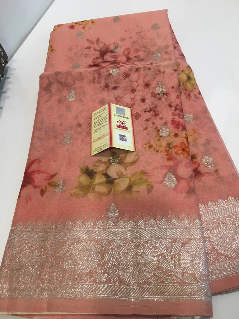 Zynah Pure Khaddi Chiffon Saree with Floral Prints & Silver Zari Weave; Custom Stitched/Ready-made Blouse, Fall, Petticoat; Shipping available USA, Worldwide