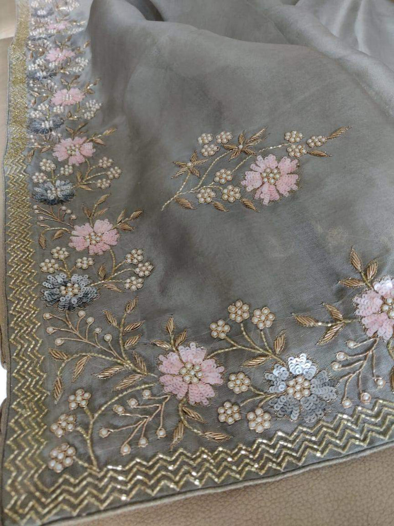 Zynah Organza Silk Saree with Pearls, Sequence, & Beads Work; Custom Stitched/Ready-made Blouse, Fall, Petticoat; Shipping available USA, Worldwide