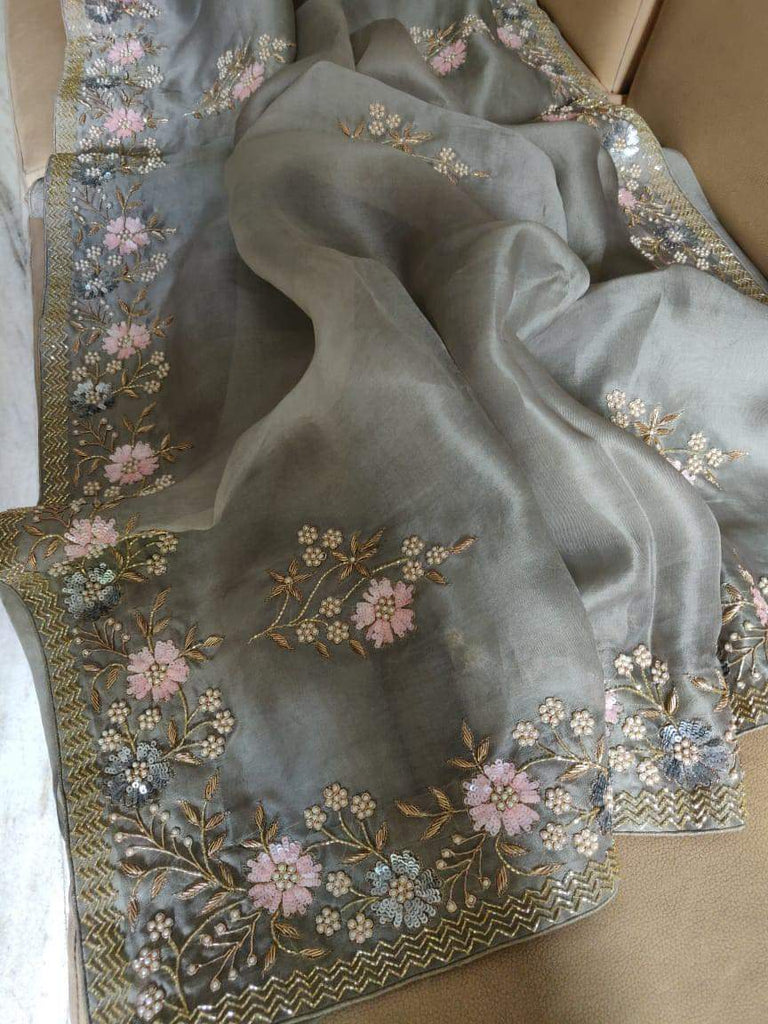 Zynah Organza Silk Saree with Pearls, Sequence, & Beads Work; Custom Stitched/Ready-made Blouse, Fall, Petticoat; Shipping available USA, Worldwide