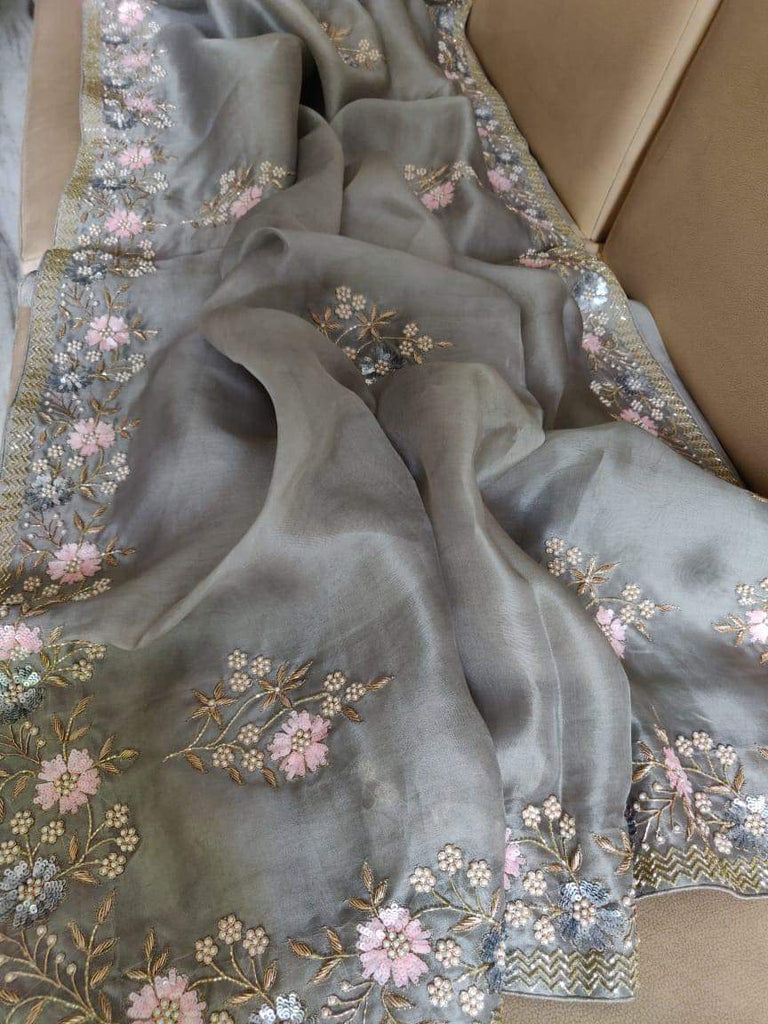 Zynah Organza Silk Saree with Pearls, Sequence, & Beads Work; Custom Stitched/Ready-made Blouse, Fall, Petticoat; Shipping available USA, Worldwide