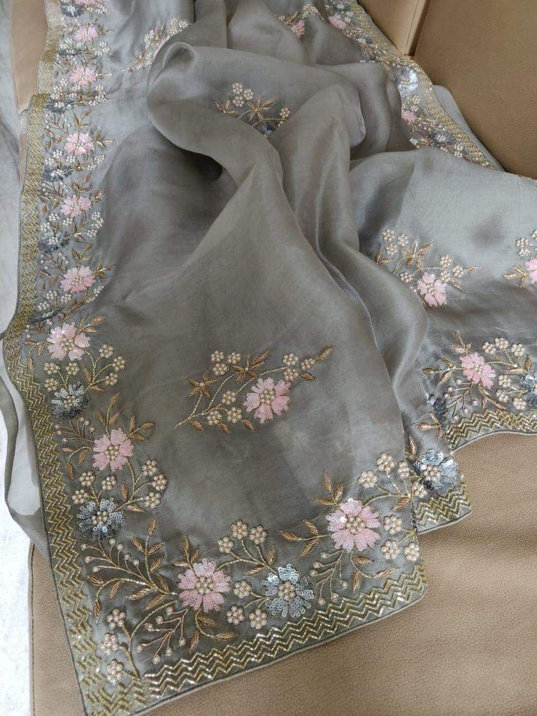 Zynah Organza Silk Saree with Pearls, Sequence, & Beads Work; Custom Stitched/Ready-made Blouse, Fall, Petticoat; Shipping available USA, Worldwide