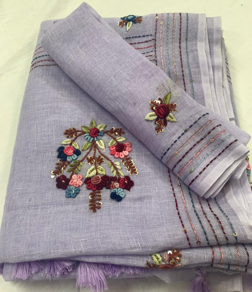 Zynah Pure Linen(120c) Handcrafted Saree with Hand Embroidery; Custom Stitched/Ready-made Blouse, Fall, Petticoat; Shipping available USA, Worldwide