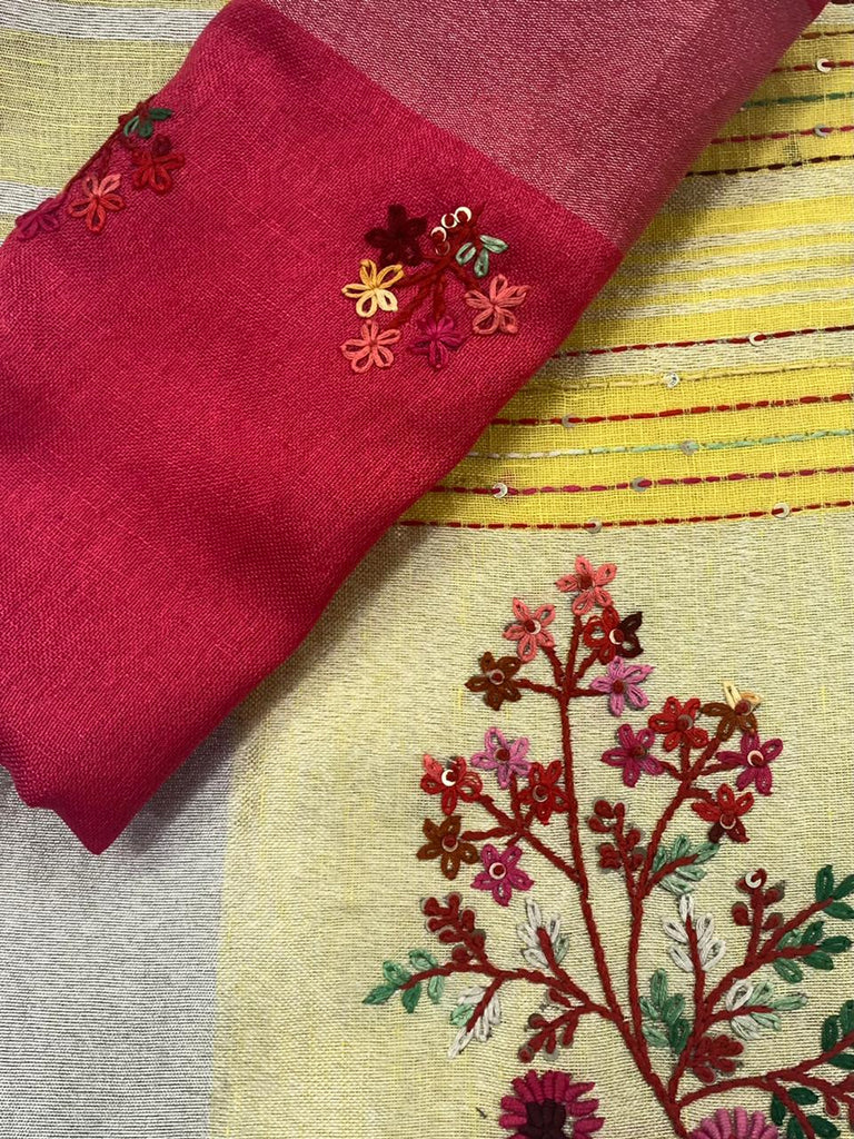 Zynah Pure Linen(120c) Handcrafted Saree with Hand Embroidery; Custom Stitched/Ready-made Blouse, Fall, Petticoat; Shipping available USA, Worldwide
