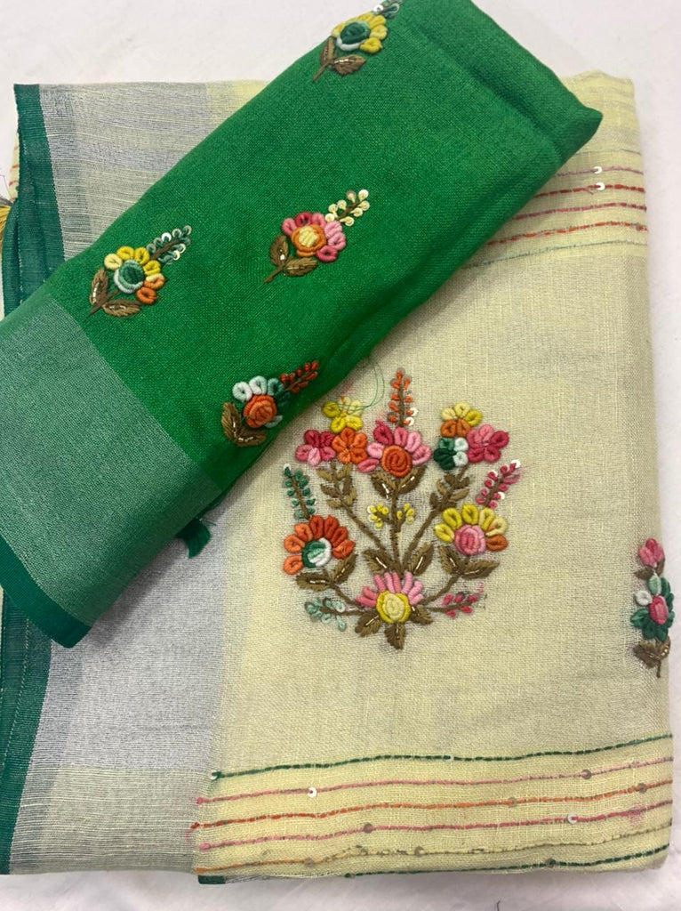 Zynah Pure Linen(120c) Handcrafted Saree with French Knot Hand Embroidery; Custom Stitched/Ready-made Blouse, Fall, Petticoat; Shipping available USA, Worldwide