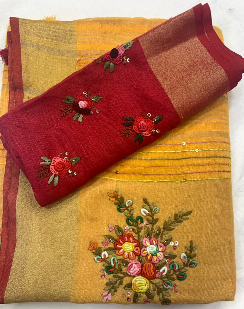 Zynah Pure Linen(120c) Handcrafted Saree with Hand Embroidery; Custom Stitched/Ready-made Blouse, Fall, Petticoat; Shipping available USA, Worldwide