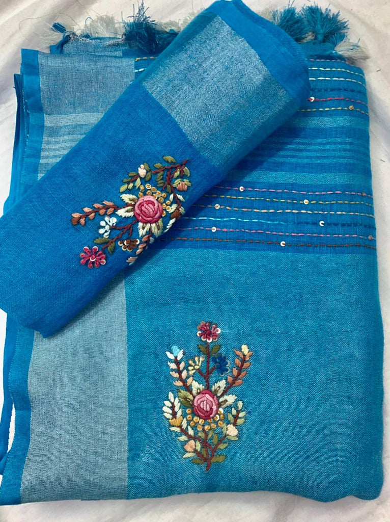 Zynah Pure Linen(120c) Handcrafted Saree with Hand Embroidery; Custom Stitched/Ready-made Blouse, Fall, Petticoat; Shipping available USA, Worldwide