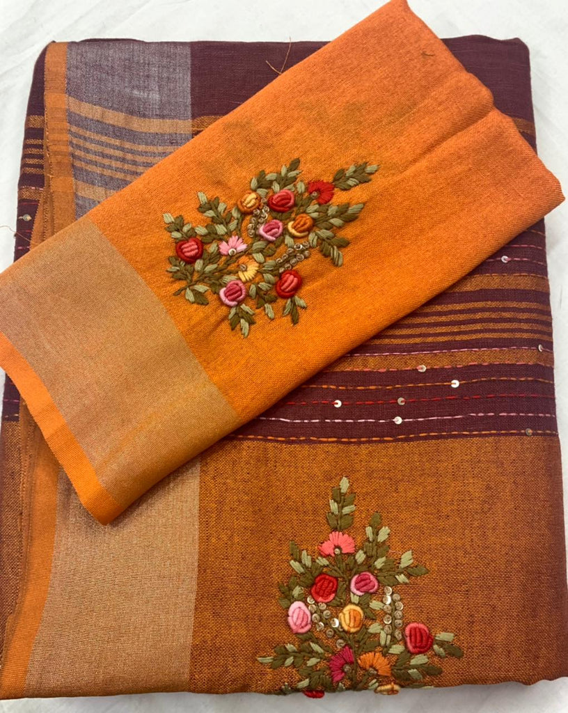 Zynah Pure Linen(120c) Handcrafted Saree with Hand Embroidery; Custom Stitched/Ready-made Blouse, Fall, Petticoat; Shipping available USA, Worldwide