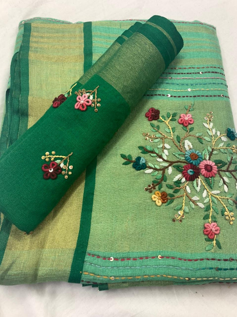 Zynah Pure Linen(120c) Handcrafted Saree with Hand Embroidery; Custom Stitched/Ready-made Blouse, Fall, Petticoat; Shipping available USA, Worldwide