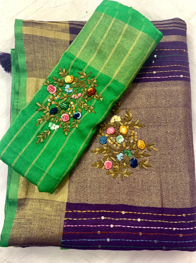 Zynah Pure Linen(120c) Handcrafted Saree with Hand Embroidery; Custom Stitched/Ready-made Blouse, Fall, Petticoat; Shipping available USA, Worldwide