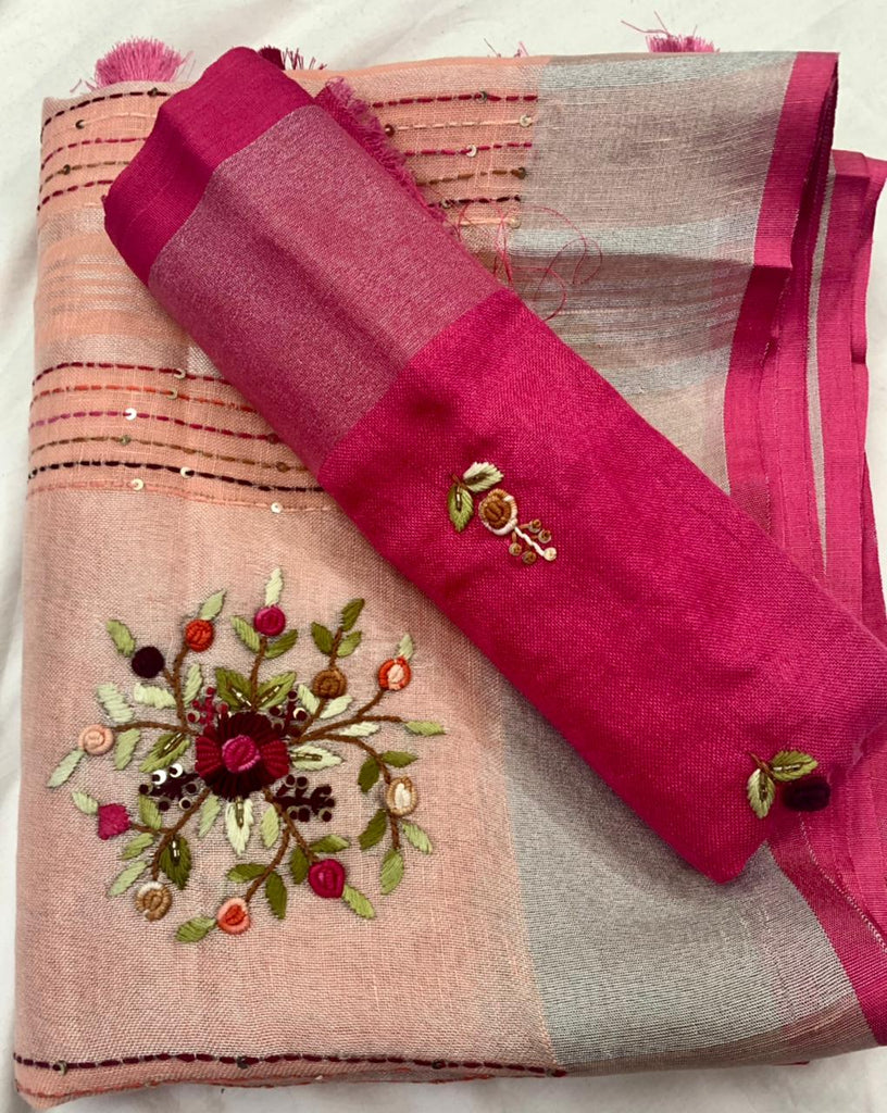 Zynah Pure Linen(120c) Handcrafted Saree with Hand Embroidery; Custom Stitched/Ready-made Blouse, Fall, Petticoat; Shipping available USA, Worldwide