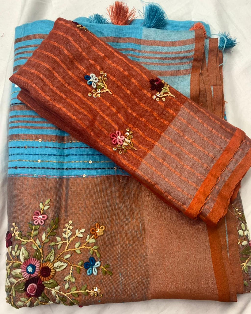 Zynah Pure Linen(120c) Handcrafted Saree with Hand Embroidery; Custom Stitched/Ready-made Blouse, Fall, Petticoat; Shipping available USA, Worldwide