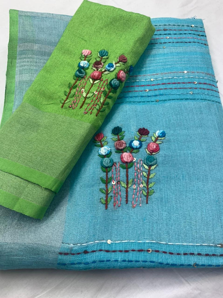 Zynah Pure Linen(120c) Handcrafted Saree with Hand Embroidery; Custom Stitched/Ready-made Blouse, Fall, Petticoat; Shipping available USA, Worldwide